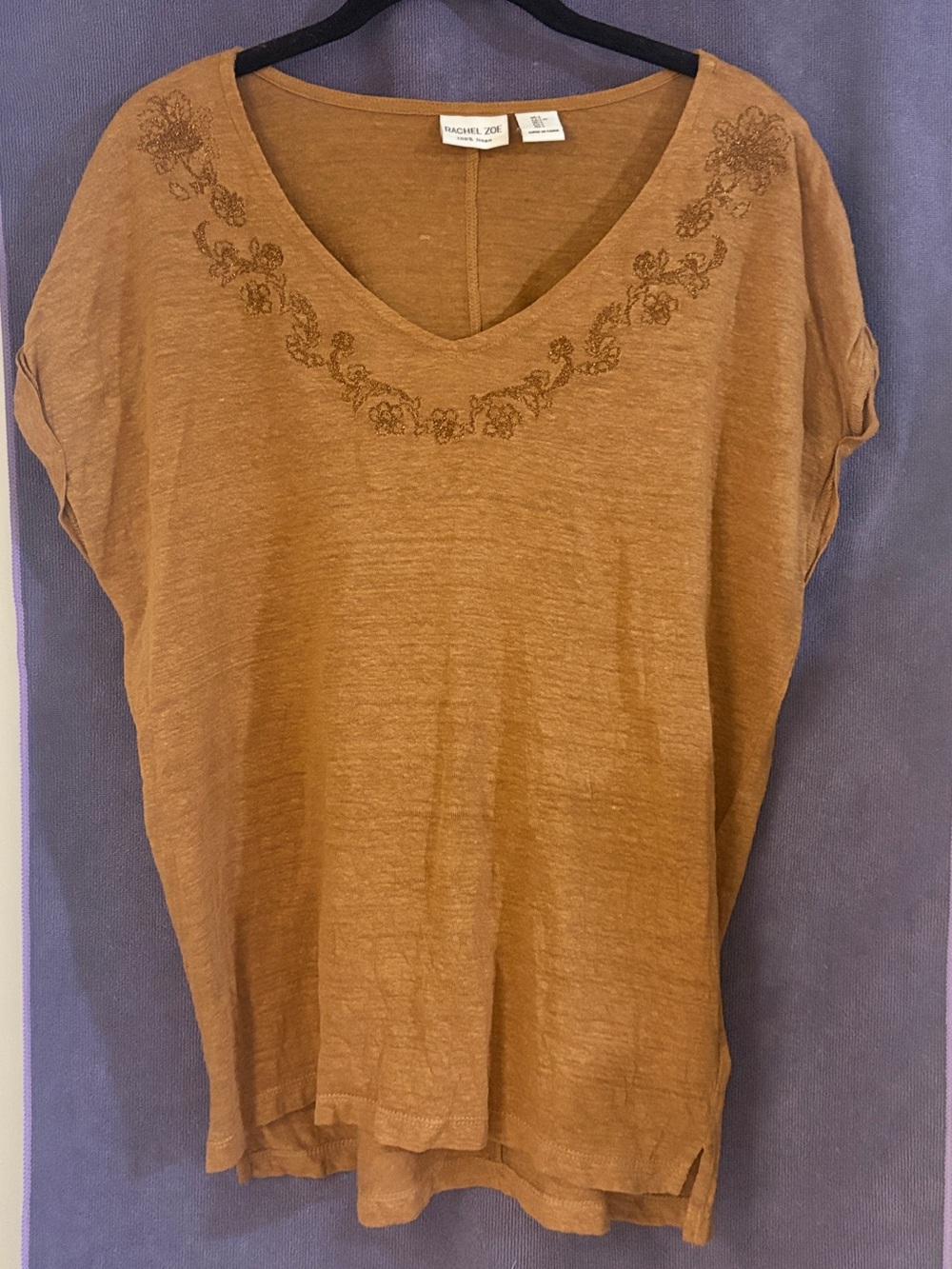 Rachel Zoe 100% Linen Embroidered V-Neck Top Camel Brown Size L Boho Earthy